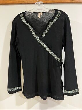 Susan Lawrence - Faux Black Wrap Top with Blue-Green Embroidered Trim, small